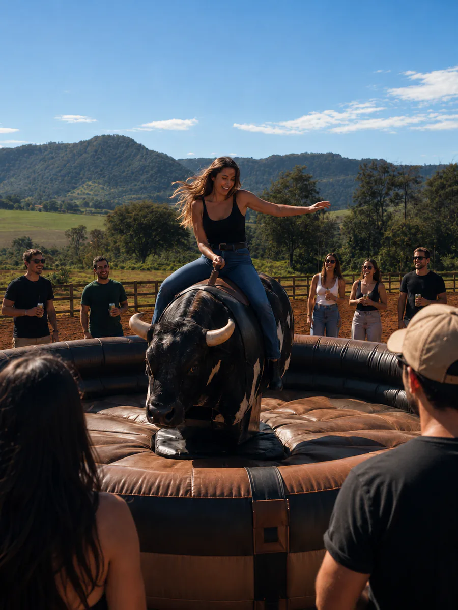 Convidada encarando o touro mecânico do Farm Festival enquanto os amigos assistem