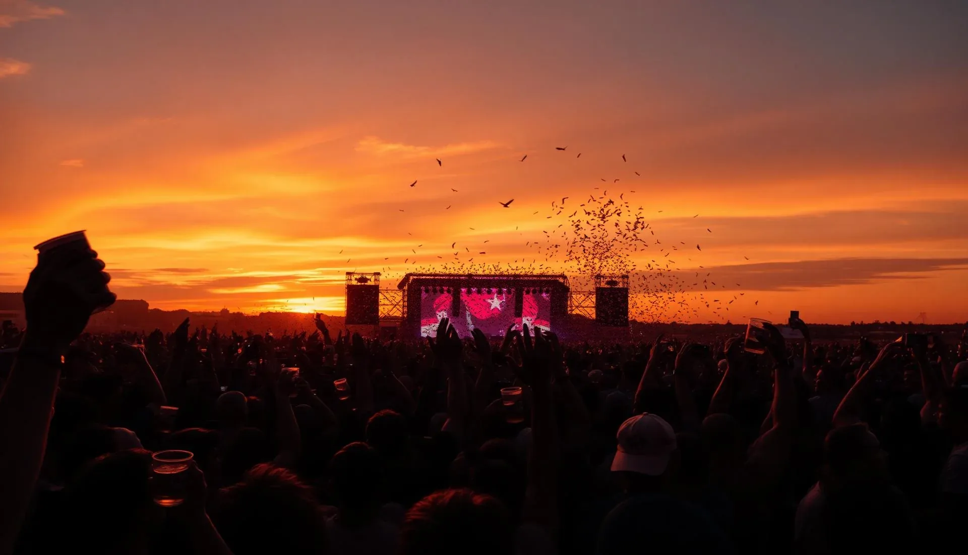 Público brindando ao pôr do sol no Farm Festival
